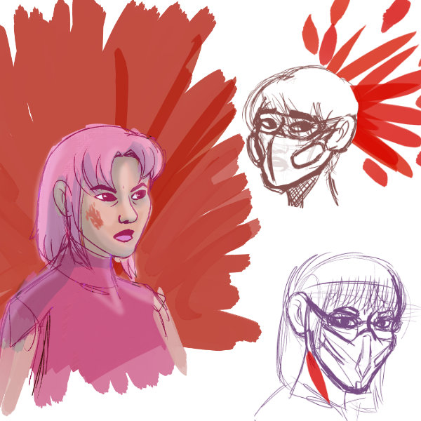 Messy character study sketches of Healer, BBF, and Knower. Healer has blood on her face and as the background, BBF has blood coming from her head, and Knower has blood on her neck.